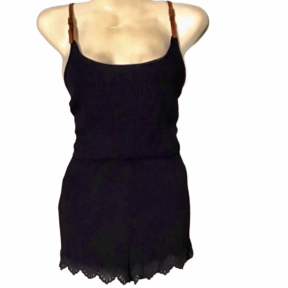Navy Blue Romper with Leather Straps & Lace Trim Summer Shorts